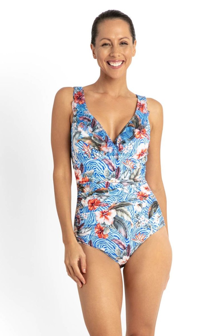 Swimwear JANTZEN V Neck | Africa Multi Fit Mesh Frill One Piece